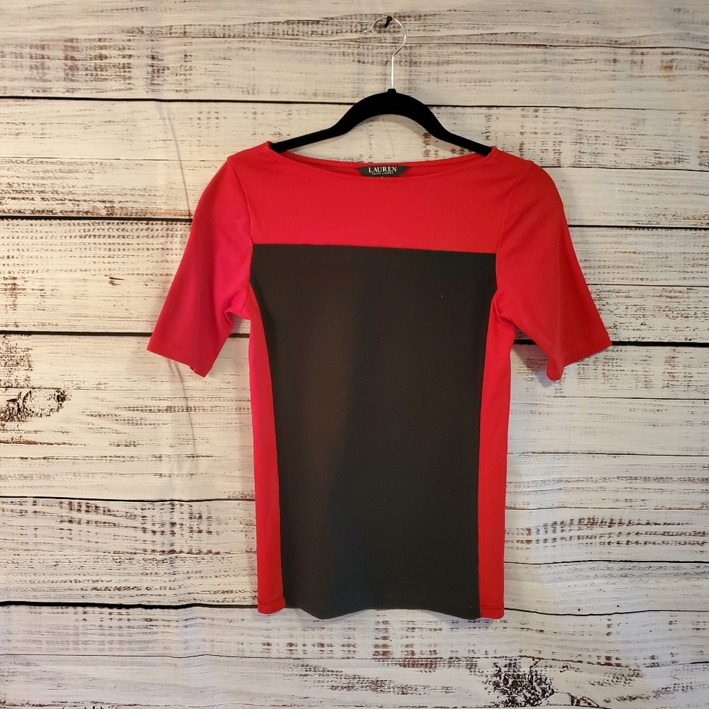 💥 RALPH LAUREN Women's Size Small Flattering Red & Black Short Sleeve Shirt